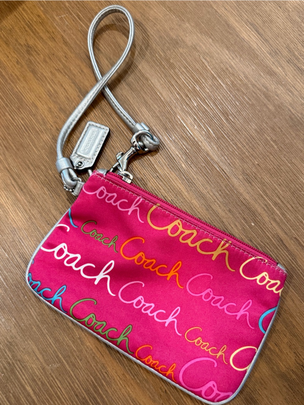 Coach Vintage Y2K Multicolor Scribble Script Pink Zip Wristlet with Silver Strap